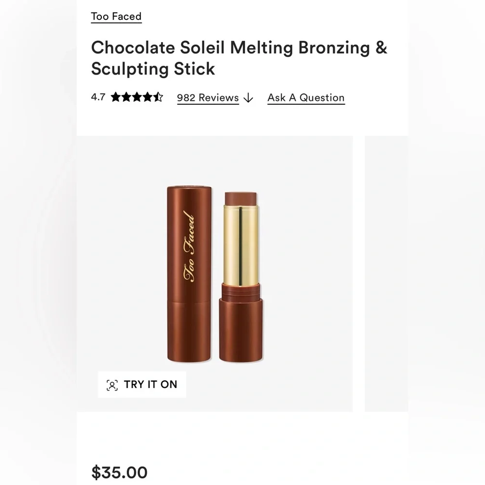 Too Faced Chocolate Soleil Bronze Sculpt Contour Stick in Mocha NEW